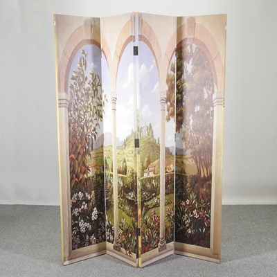 Lot 160 - A four-fold dressing screen, decorated with a...