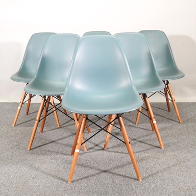 Lot 10 - A set of six Vitra blue moulded plastic dining...