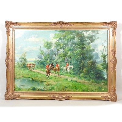 Lot 267 - A. Jacquet, 20th century, hunting scene,...