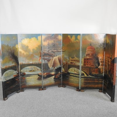 Lot 222 - A large wooden six-fold screen, painted with...