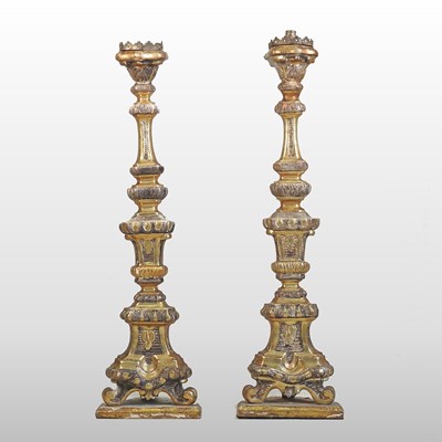 Lot 337 - A pair of 18th century Venetian gilt painted altar sticks