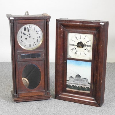 Lot 328 - A 1930's oak cased wall clock, 68cm high,...