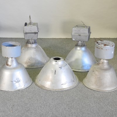 Lot 341 - A collection of five large metal industrial ceiling lights