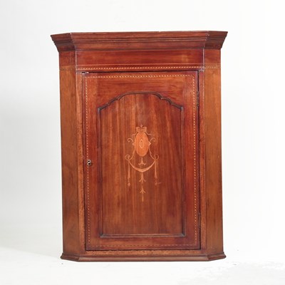 Lot 390 - A 19th century mahogany and inlaid hanging corner cabinet