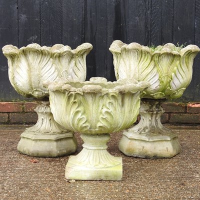 Lot 296 - A pair of cast stone pedestal garden urns, 56...