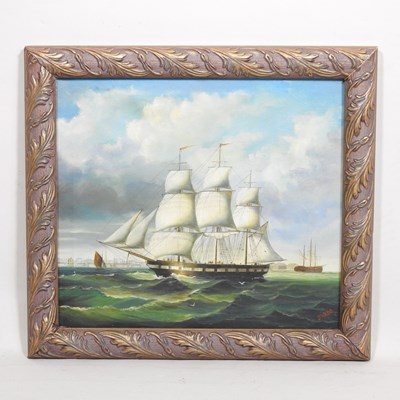 Lot 406 - English school, 20th century, a warship off...