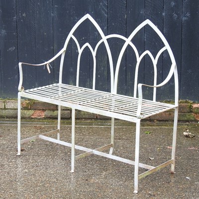 Lot 269 - A grey painted metal gothic style garden bench