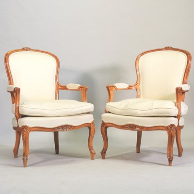 Lot 408 - A pair of French style cream upholstered salon chairs