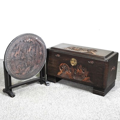 Lot 503 - An Eastern carved hardwood blanket box,...