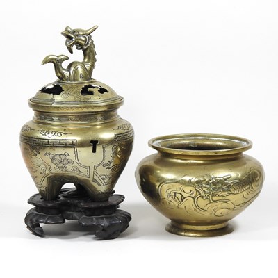 Lot 160 - A Chinese bronze censer, on a carved hardwood...