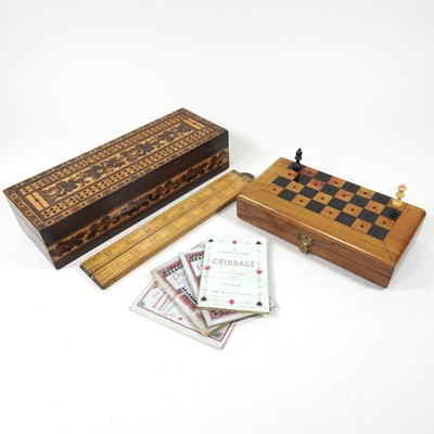 Lot 451 - A 19th century Tunbridgeware games box, 26cm...