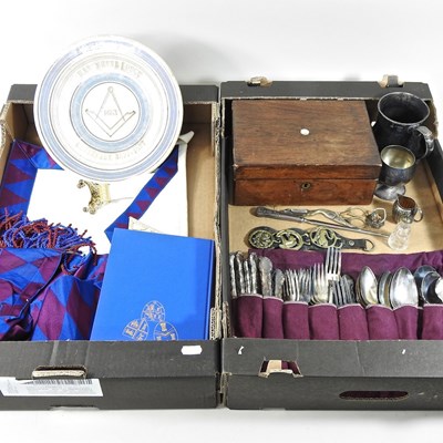 Lot 492 - A collection of Masonic regalia, silver plate...