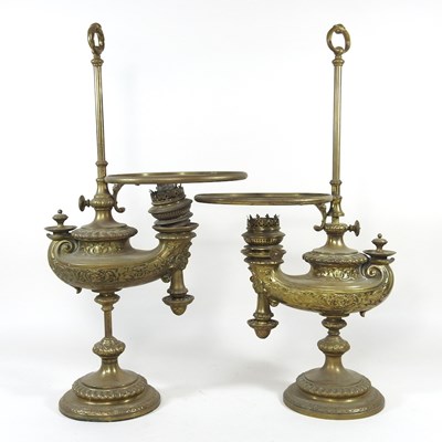 Lot 345 - A pair of 19th century brass adjustable oil...