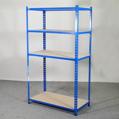 Lot 648 - A metal shelving unit, with chipboard shelves