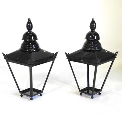 Lot 453 - A pair of black painted metal garden lanterns,...