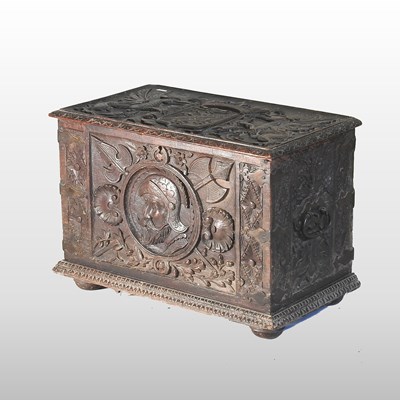 Lot 480 - An 18th century carved oak coal box