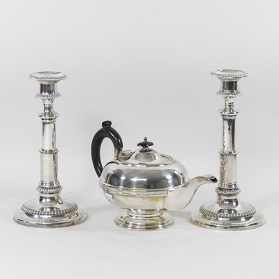 Lot 35 - A pair of silver plated table candlesticks and...