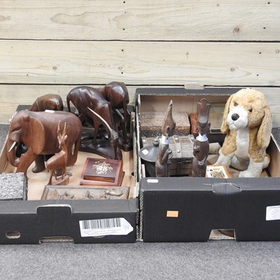 Lot 214 - Two boxes of metalwares, to include a stuffed toy