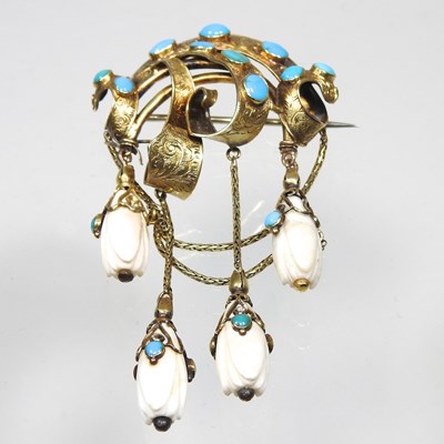 Lot 29 - A 19th century gilt and turquoise brooch, of...