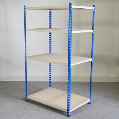 Lot 89 - A blue and cream painted metal shelving unit,...