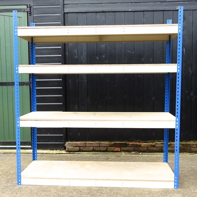 Lot 118 - A blue and cream painted metal shelving unit,...