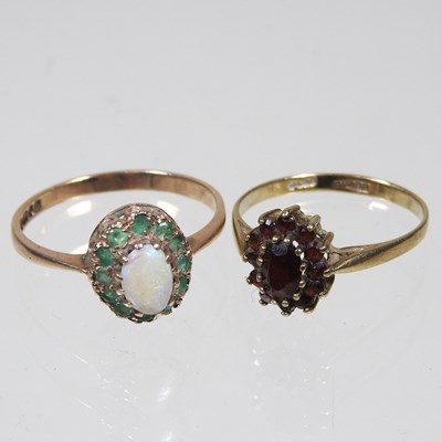 Lot 216 - A 9 carat gold opal cluster ring, 2.1g, size R,...