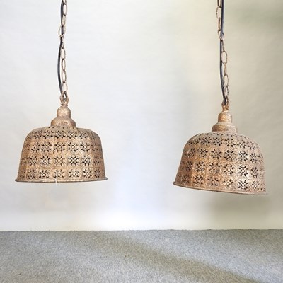 Lot 297 - A pair of modern Moroccan style gold painted metal ceiling lights