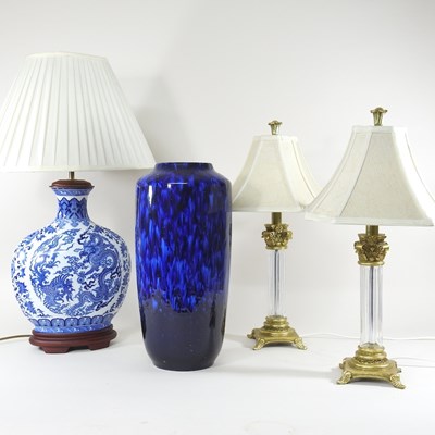 Lot 38 - A pair of modern gilt column table lamps and...