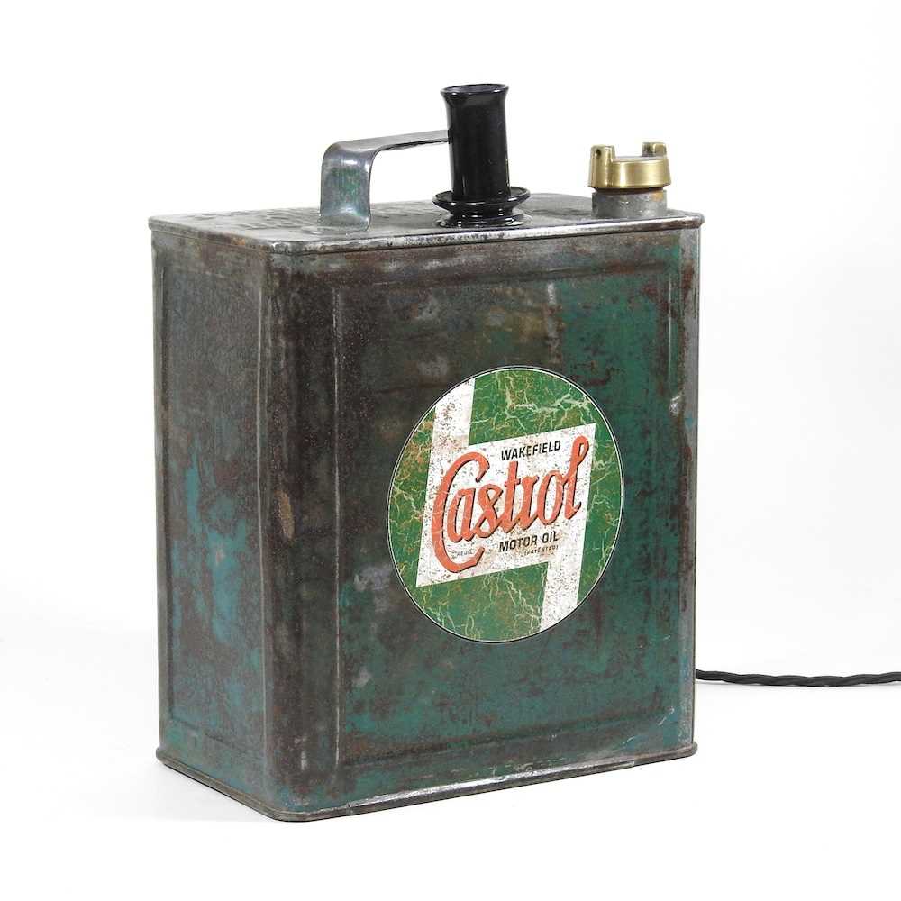 Lot 481 - A vintage Castrol petrol can table lamp base,...