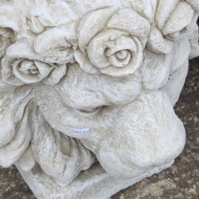 Lot 128 - A pair of cast stone lion mask garden planters,...