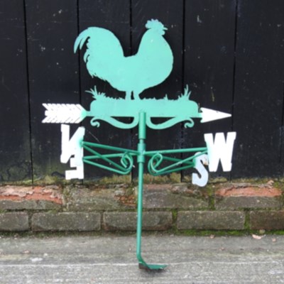 Lot 84 - A green painted metal cockerel weather vane,...