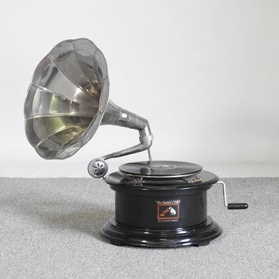 Lot 215 - A reproduction HMV wind up gramophone