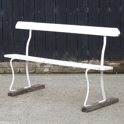 Lot 197 - A white painted garden bench, on metal...