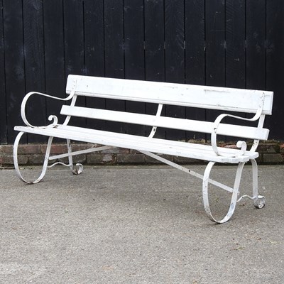 Lot 19 - A white painted slatted wooden garden bench,...