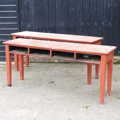 Lot 160 - A pair of old red painted school desks (2)