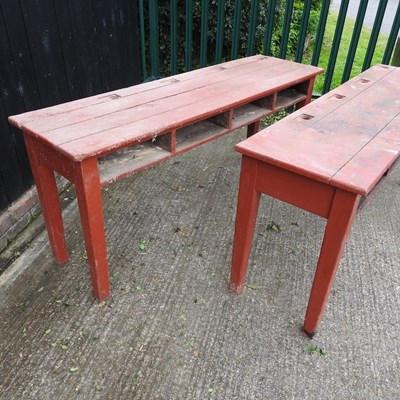 Lot 160 - A pair of old red painted school desks (2)