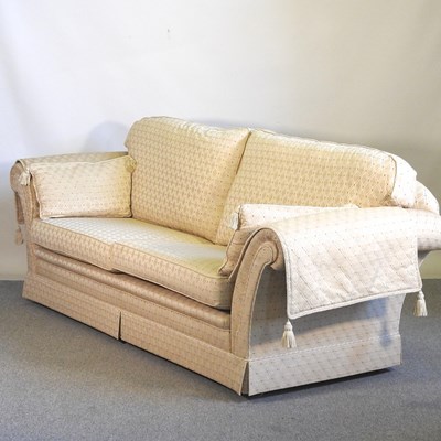 Lot 92 - A gold upholstered three seater sofa, with...