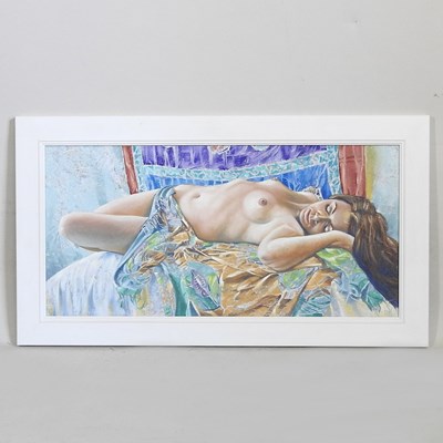 Lot 386 - Krys Leach, b1958, nude on a bed, signed mixed...