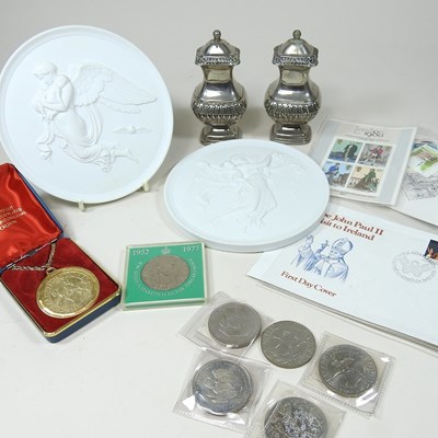 Lot 363 - A collection of crowns, coins, a gold plated...