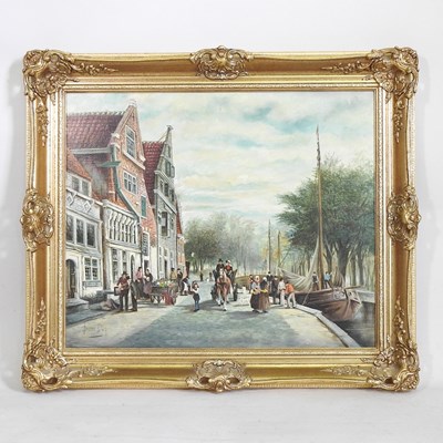 Lot 333 - Barend Daw, Dutch quayside with boats, signed...