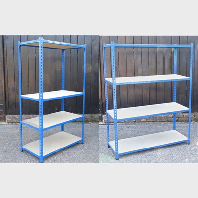 Lot 348 - A pair of metal shelving units, each with four...