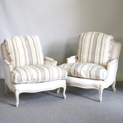 Lot 598 - A pair of modern cream French style armchairs,...