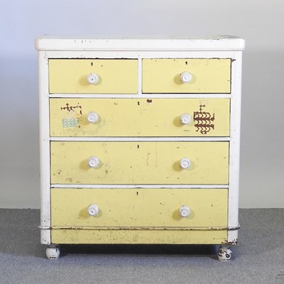 Lot 229 - A painted pine chest of drawers, on turned feet