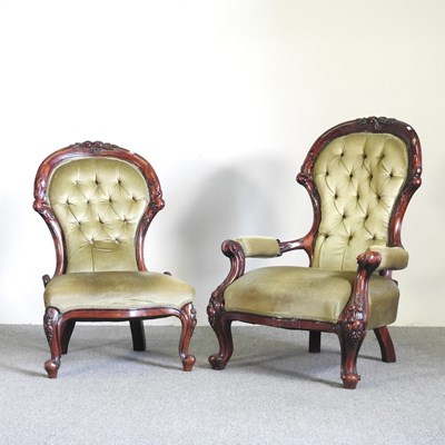 Lot 315 - A pair of Victorian carved mahogany and green...