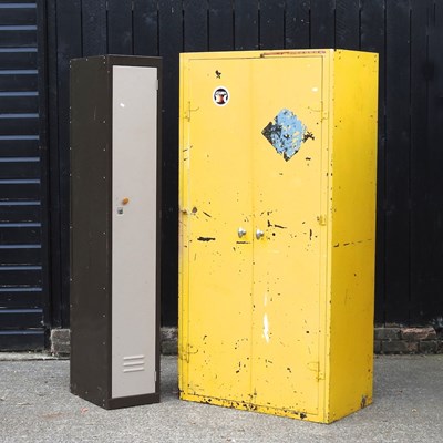 Lot 240 - A yellow painted metal locker, 89cm wide,...