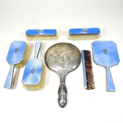 Lot 538 - An Art Deco silver and blue enamelled dressing...