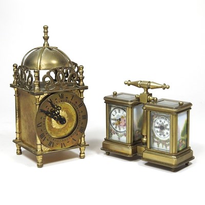 Lot 602 - A brass cased double clock and barometer, with...