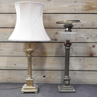 Lot 346 - A large brass corinthian column oil lamp, with...