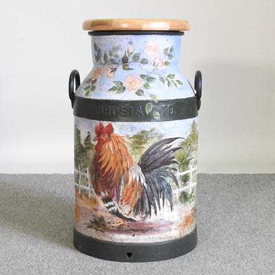 Lot 606 - A milk churn stool, painted with a cockerel,...