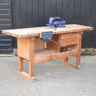 Lot 551 - A wooden work bench, fitted with a vice, 184cm...